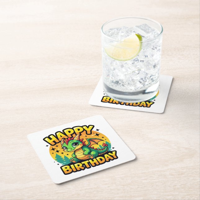 Posavasos Cuadrado De Papel Feliz cumpleaños Dragon (In situ)