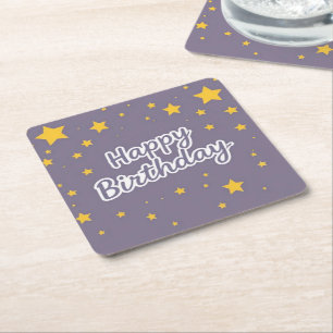 Posavasos Cuadrado De Papel Feliz Cumpleaños Estrellas Doradas sobre Azul