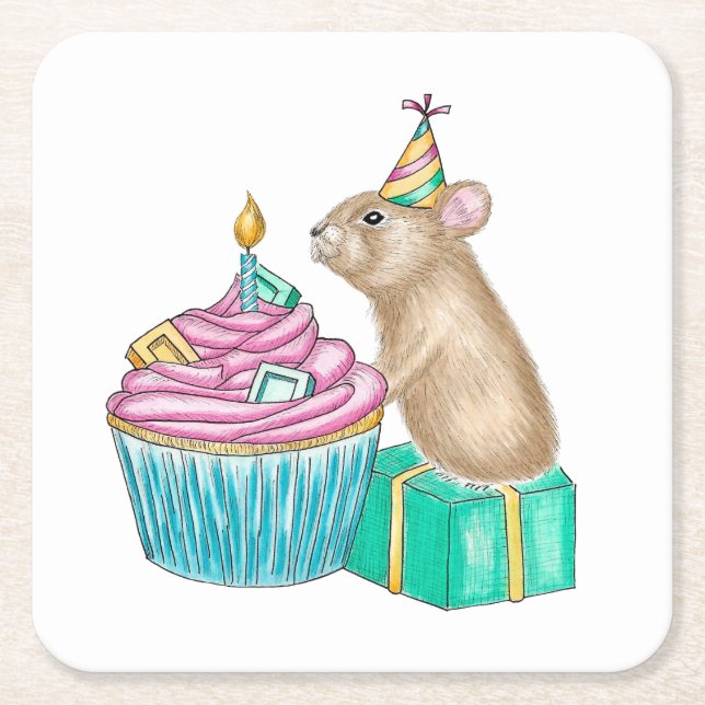 Posavasos Cuadrado De Papel Feliz cumpleaños Fiesta Pika Cupcake (Anverso)