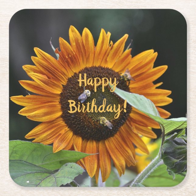 Posavasos Cuadrado De Papel Feliz cumpleaños, Golden Sunflower (Anverso)