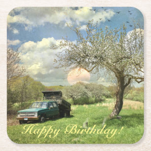 Posavasos Cuadrado De Papel Felíz cumpleaños Granja de Camiones Vintage