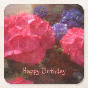 Posavasos Cuadrado De Papel Feliz cumpleaños Hydrangea