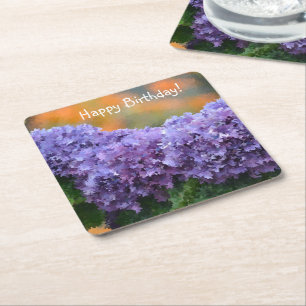 Posavasos Cuadrado De Papel Feliz cumpleaños Impresionante Púrpura Hydrangea