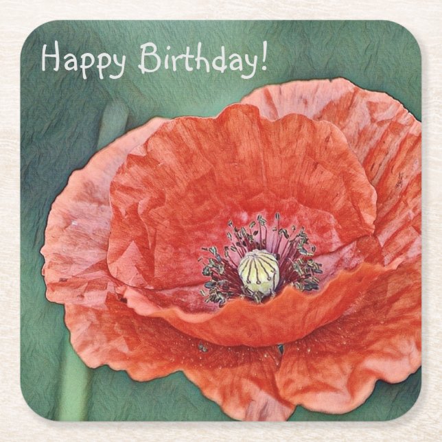 Posavasos Cuadrado De Papel Feliz cumpleaños: la adormidera roja más lúcida (Anverso)