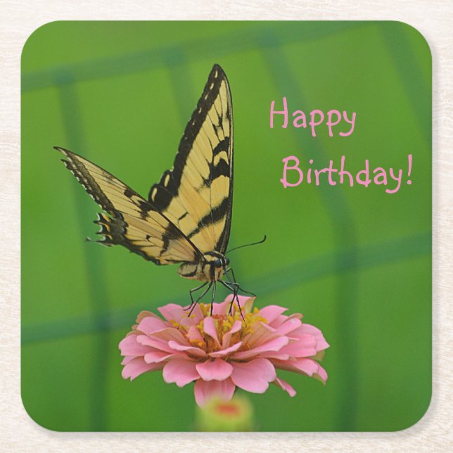Posavasos Cuadrado De Papel Feliz cumpleaños, mariposa (Anverso)