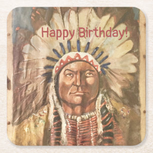 Posavasos Cuadrado De Papel Feliz Cumpleaños Masculina Sitting Bull