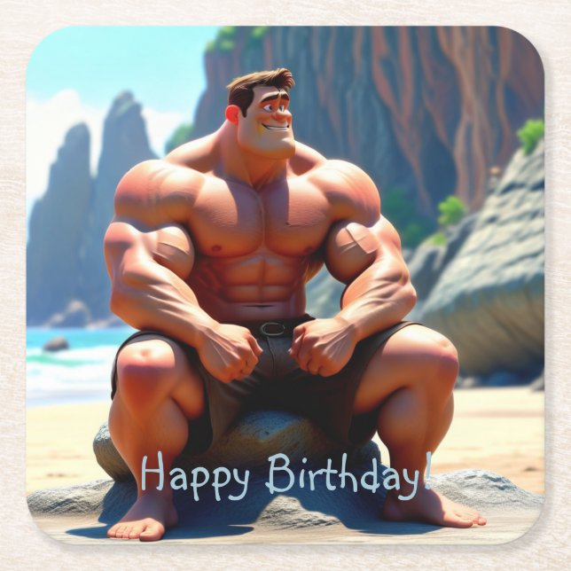 Posavasos Cuadrado De Papel Feliz cumpleaños Muscleman (Anverso)