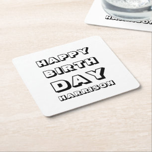 Posavasos Cuadrado De Papel Feliz cumpleaños nombre personalizado blanco negr