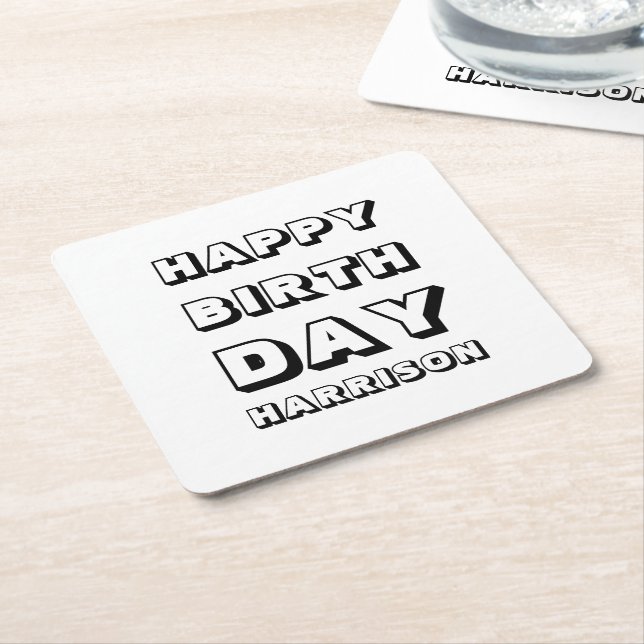 Posavasos Cuadrado De Papel Feliz cumpleaños nombre personalizado blanco negro (En perspectiva)