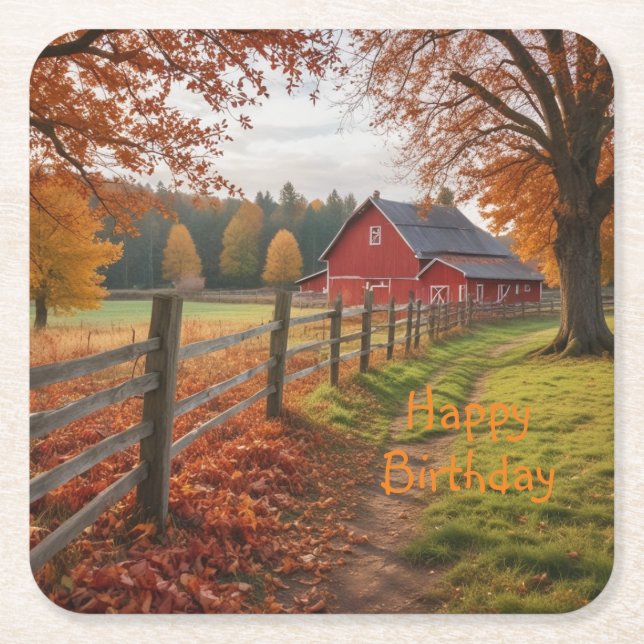 Posavasos Cuadrado De Papel Feliz cumpleaños otoño (Anverso)