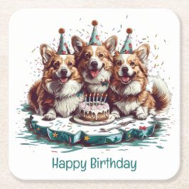 Posavasos Cuadrado De Papel Feliz cumpleaños Pembroke Welsh Corgi Dogs