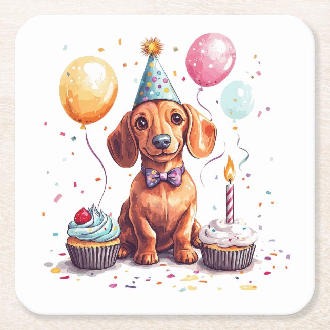 Posavasos Cuadrado De Papel Feliz Cumpleaños Perro Dachshund  (Anverso)