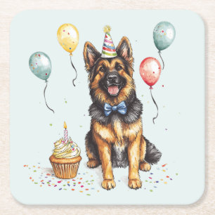 Posavasos Cuadrado De Papel Feliz cumpleaños perro pastor alemán