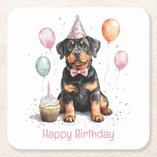 Posavasos Cuadrado De Papel Feliz Cumpleaños Perro Rottweiler