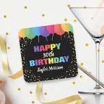 Posavasos Cuadrado De Papel Feliz cumpleaños Personalizado nombre edad globos<br><div class="desc">Celebra a tu persona especial con estas divertidas y coloridas galaxias de papel de cumpleaños con globos de colores vivos y un falso purpurina de confeti de oro. Sólo tienes que añadir la edad y el nombre de la persona de cumpleaños para personalizar. Negrita y colorida, pero simple y divertida...</div>