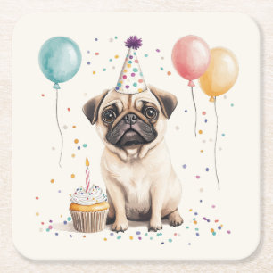 Posavasos Cuadrado De Papel Feliz Cumpleaños Pug Perro