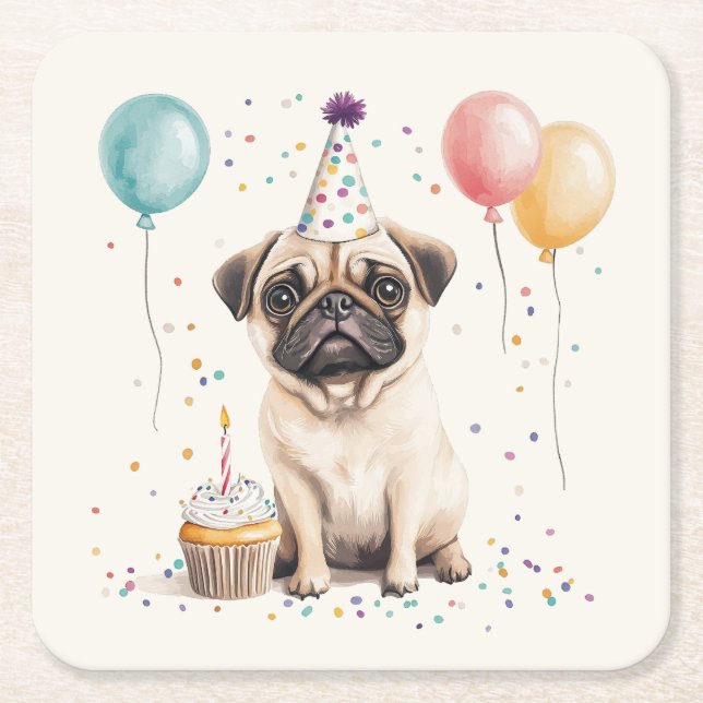 Posavasos Cuadrado De Papel Feliz Cumpleaños Pug Perro (Anverso)