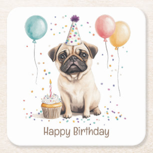 Posavasos Cuadrado De Papel Feliz Cumpleaños Pug Perro