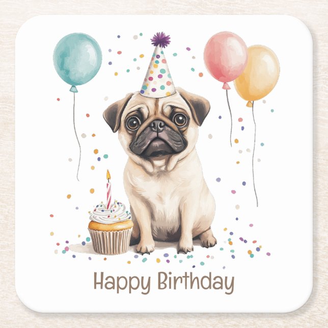 Posavasos Cuadrado De Papel Feliz Cumpleaños Pug Perro (Anverso)