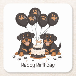 Posavasos Cuadrado De Papel Feliz cumpleaños Rottweiler Dogs