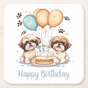 Posavasos Cuadrado De Papel Feliz cumpleaños Shih Tzu Dogs Pastel de cumpleaño