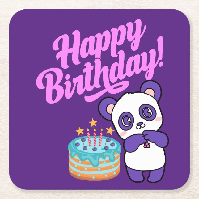 Posavasos Cuadrado De Papel Feliz Cumpleaños Sweet Purple Panda (Anverso)