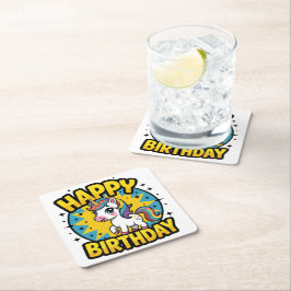 Posavasos Cuadrado De Papel Feliz cumpleaños Unicorn