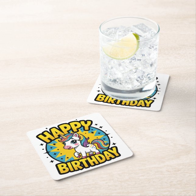 Posavasos Cuadrado De Papel Feliz cumpleaños Unicorn (In situ)