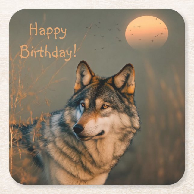 Posavasos Cuadrado De Papel Feliz cumpleaños Wolf Coasters (Anverso)