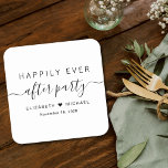 Posavasos Cuadrado De Papel Feliz desde la recepción de la boda Fiesta<br><div class="desc">Elegantes posavasos de papel para la recepción de tu boda y otras celebraciones posteriores a la boda con "Feliz Ever After Party" en una simple tipografía y un elegante guión de swash,  tus nombres unidos por un corazón y tu fecha de recepción.</div>