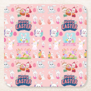 Posavasos Cuadrado De Papel Feliz Deseos de Pascua - Patrón Gracioso Conejito