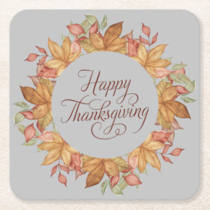Posavasos Cuadrado De Papel Feliz Día de Acción de Gracias Hojas de Otoño Acua