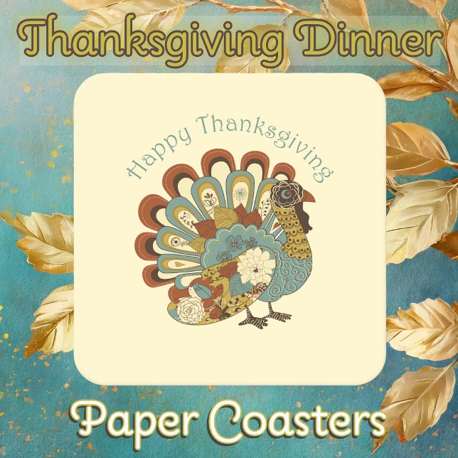 Posavasos Cuadrado De Papel Feliz Día de Acción de Gracias Turquía, acallada y (Thanksgiving Dinner Paper Coasters with Muted Fall Colored Turkey)