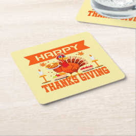 Posavasos Cuadrado De Papel Feliz Día de Acción de Gracias Turquía con pie