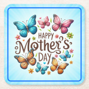 Posavasos Cuadrado De Papel Feliz Día de la Madre con Clipart de Mariposas