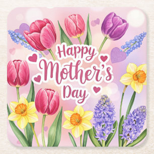 Posavasos Cuadrado De Papel Feliz Día de la Madre, flores de primavera,