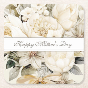 Posavasos Cuadrado De Papel Feliz día de la madre Ivory crema Floral script