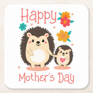 Posavasos Cuadrado De Papel Feliz Día de la Madre Mamá y Bebé Erizo