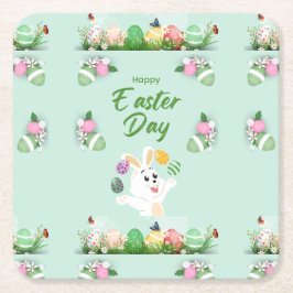 Posavasos Cuadrado De Papel Feliz Día de Pascua - Divertido Conejo y Pascua de