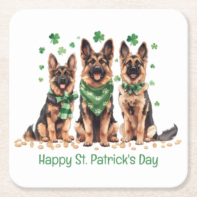 Posavasos Cuadrado De Papel Feliz Día de San Patricio, perros pastores alemane (Anverso)