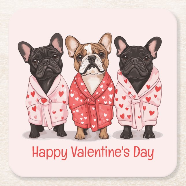 Posavasos Cuadrado De Papel Feliz Día de San Valentín Bulldog francés (Anverso)