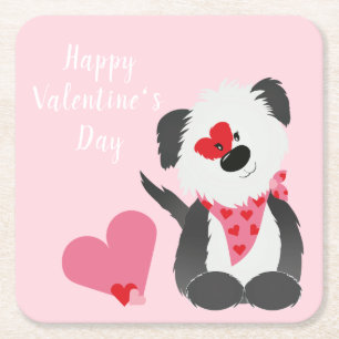 Posavasos Cuadrado De Papel Feliz Día de San Valentín Corazones de cachorro ro