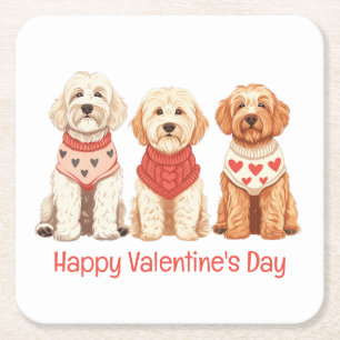 Posavasos Cuadrado De Papel Feliz Día de San Valentín Perros Goldendoodle