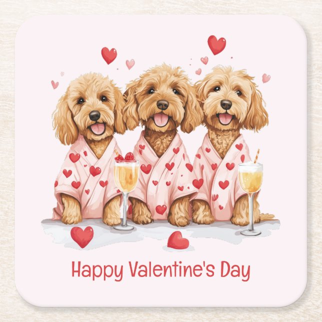 Posavasos Cuadrado De Papel Feliz Día de San Valentín Perros Goldendoodle (Anverso)
