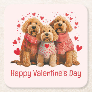 Posavasos Cuadrado De Papel Feliz día de San Valentín perros Goldendoodle