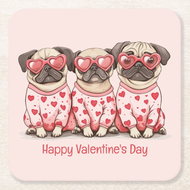 Posavasos Cuadrado De Papel Feliz Día de San Valentín Perros Pug (Anverso)