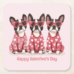 Posavasos Cuadrado De Papel Feliz Día de San Valentín Perros Terrier de Boston