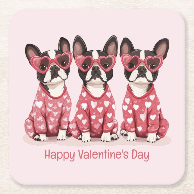 Posavasos Cuadrado De Papel Feliz Día de San Valentín Perros Terrier de Boston (Anverso)
