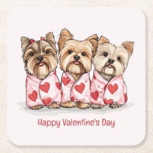 Posavasos Cuadrado De Papel Feliz día de San Valentín perros Yorkshire Terrier