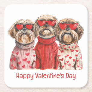 Posavasos Cuadrado De Papel Feliz Día de San Valentín Shih Tzu Dogs